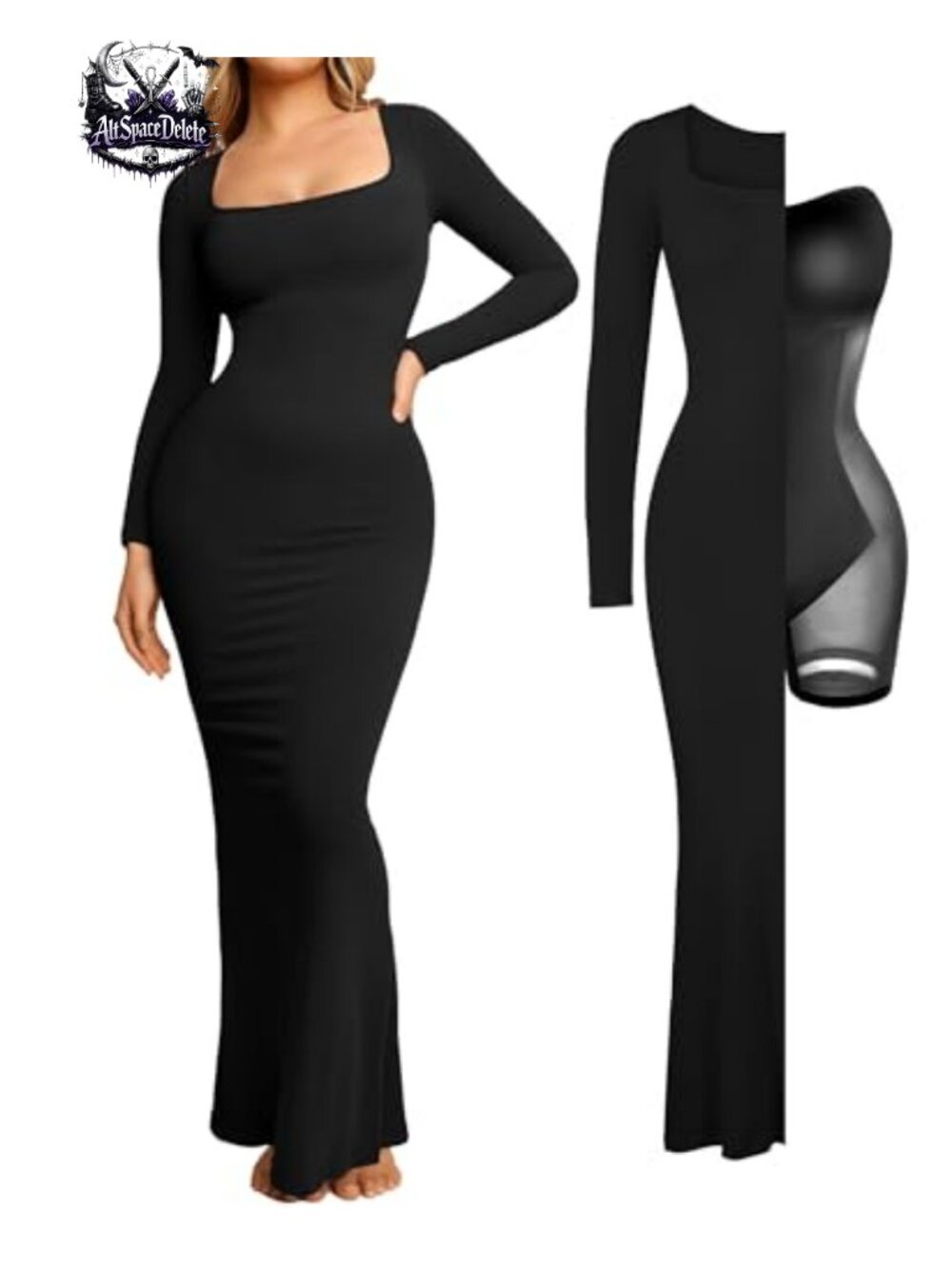 Long Sleeve Formal Maxi Dress Built-in Shapewear Square Neck Modal